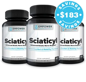 Three bottles of Sciaticyl supplement with discount badge