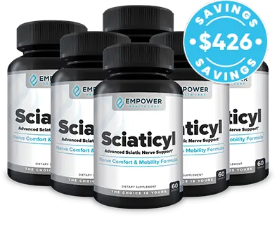 Six bottles of Sciaticyl supplement with discount badge