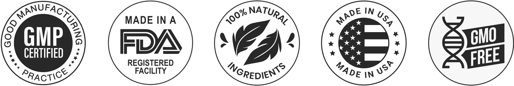 Made in USA, GMP Certified, 100% Natural, and Non-GMO quality trust badges